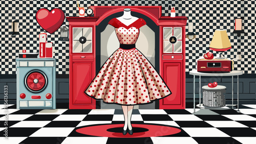 A polka-dot dress with a cinched waist, flared skirt, and sweetheart neckline stands proudly on a retro mannequin. Beside it: red heels, cat-eye sunglasses, and a jukebox. The floor tiles gleam in 