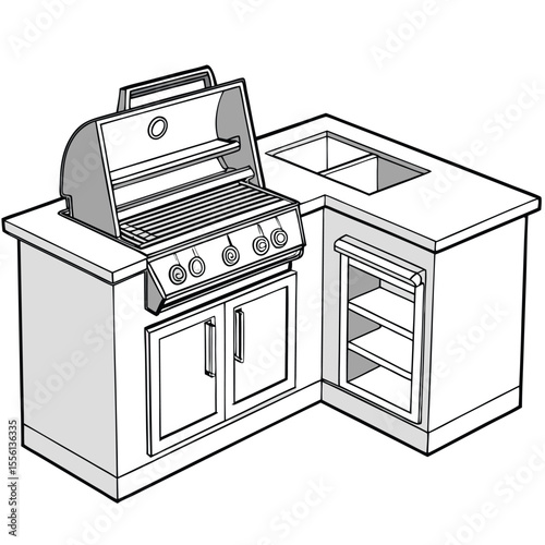 Outdoor built-in grill on white, sleek for patio kitchens, perfect for entertaining.