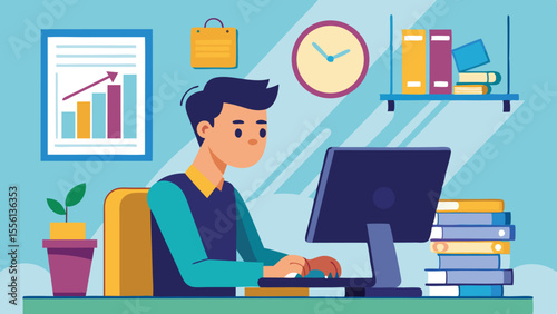 Focused Workstation: A graphic illustration of a person concentrating at their desk, symbolizing productivity and professional dedication.