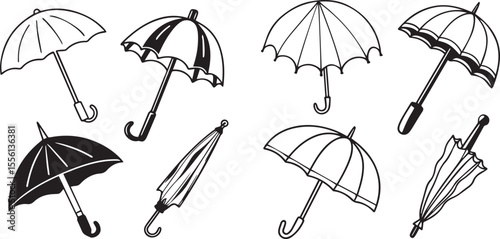 A set of colorful umbrella illustrations in vector style showing rainy weather and protection designs