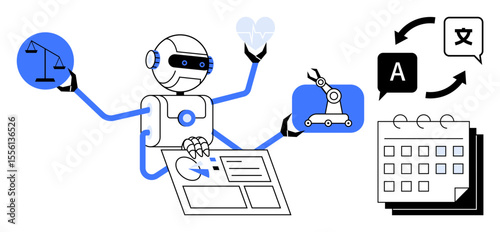 Robot multitasking with data analysis, scales, heart, translation, robotic arm, and calendar. Ideal for AI, automation, machine learning data management decision-making robotics productivity
