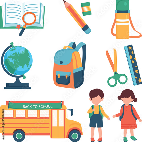 school supplies, backpack, globe, pencils, scissors, bus, children, education, colorful, illustration, flat design
