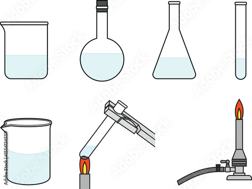 beaker, glass bottle, laboratory glassware, chemical apparatus, bunsen burner, science, scientific equipment, minimalist, line art style
