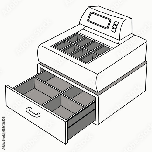 Black cash drawer on white, organizing money for businesses, essential for retail.