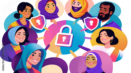 Diverse Group Holding Digital Security Signs in Flat Infographic Style