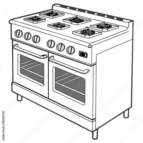 Large commercial range on white, powerful for busy kitchens, essential for restaurant cooking.