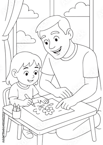 Coloring book page of a father helping daughter draw at a table.