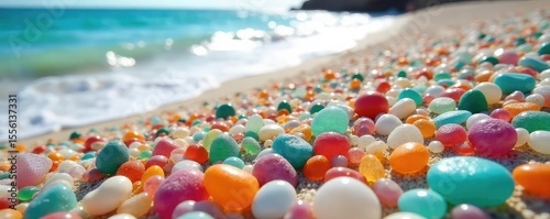 Sun-drenched beach strewn with countless smooth, colorful sea glass pebbles, resembling a natural jewel-toned carpet Perfect for backgrounds, travel, and nature themes , background, gem, sunlit beach