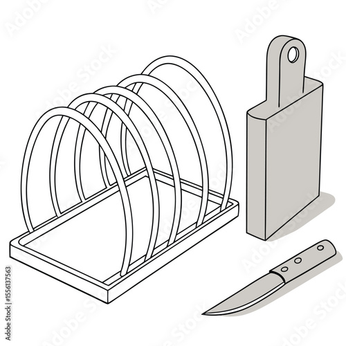 Cutting board storage rack on white, organizing kitchen boards, saving space and neat.
