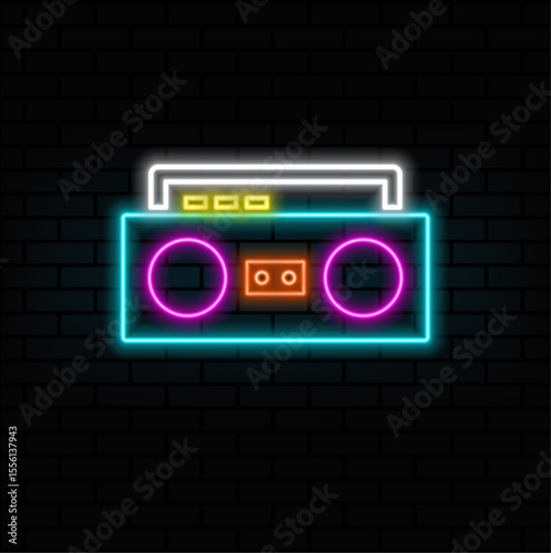 Classic square radio icon with two speaker. neon style.square radio tuner with two speakers - vintage classic square radio tuner with two speakers