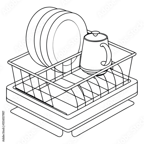 Kitchen dish drying rack on white, air drying dishes, simple and convenient organization.