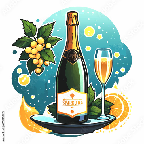 bottle of sparkling wine and glass cartoon vector illustration