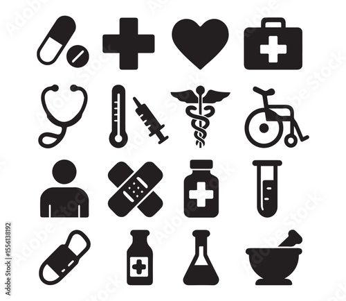 Set of 15 Clean Medical Silhouette Icons. Healthcare and Medicine Symbols.