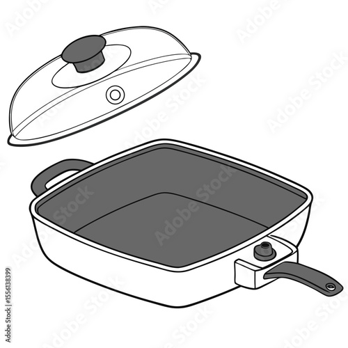 Non-stick electric skillet on white, cooking meals, perfect for frying, baking, and stewing.