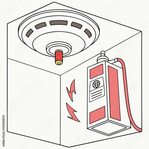 Commercial fire suppression system on white, safety equipment for kitchens, preventing fires.