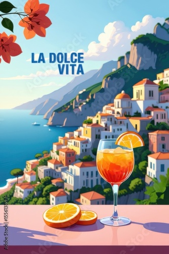 Scenic coastal view with refreshing citrus cocktail in mediterranean setting