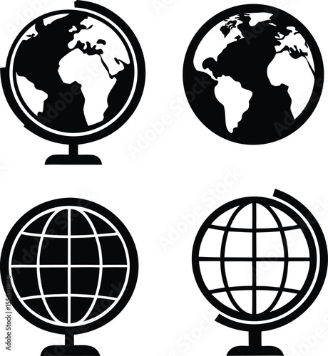 Set of black silhouette globe icons including map and grid variations on white background