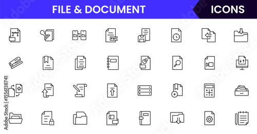 Vector line icons of files, folders, documents, PDFs, uploads, downloads, editing, sharing, archiving, and storage perfect for digital platforms, apps, and websites.