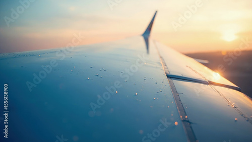 Airplane wing detail with water droplets reflecting the setting sun in shades of blue orange and yellow during flight