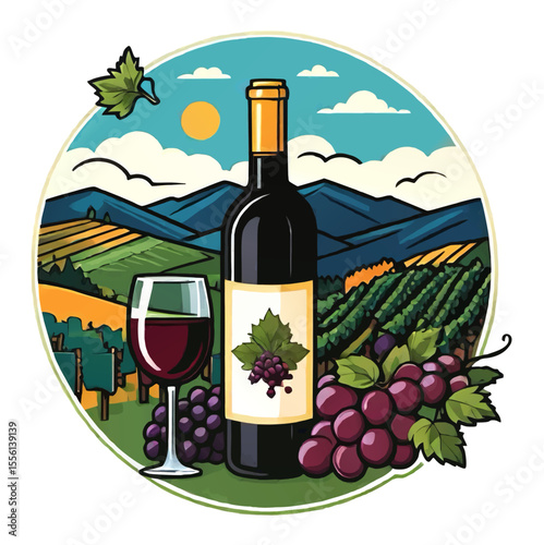 red wine bottle and glass, grapes and vineyard cartoon vector illustration