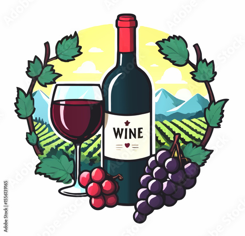 bottle of red wine, glass and vineyard cartoon vector illustration