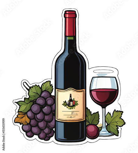 red wine bottle, glass and grapes, cartoon vector illustration