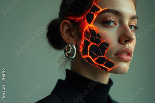 Young caucasian female with digital lava face art in futuristic portrait
