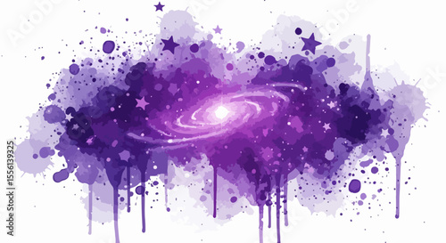 An ethereal watercolor splatter composition inspired by the galaxy—rich in purples, blues, and star-like droplets.