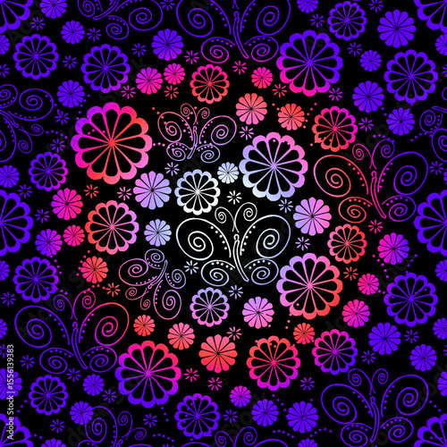 Black Light Dot Butterfly Floral Seamless Repeat