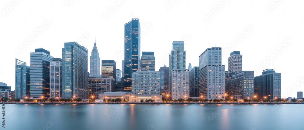 Naklejka premium Stunning city skyline night, showcasing modern skyscrapers reflecting water. scene captures vibrant lights and architectural beauty of urban life