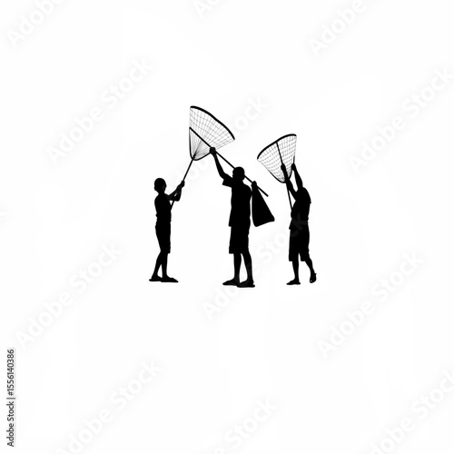 Silhouette of a team distributing mosquito nets in malaria-prone areas on white background