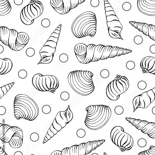 Seamless pattern with shells of different shapes. Hand drawn vector illustration.