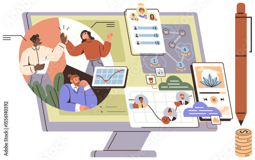 Desktop screen showing analytics graphs, workflows, communication, video calls, online tools, and teamwork visuals. Ideal for business, technology, remote work team management networking process