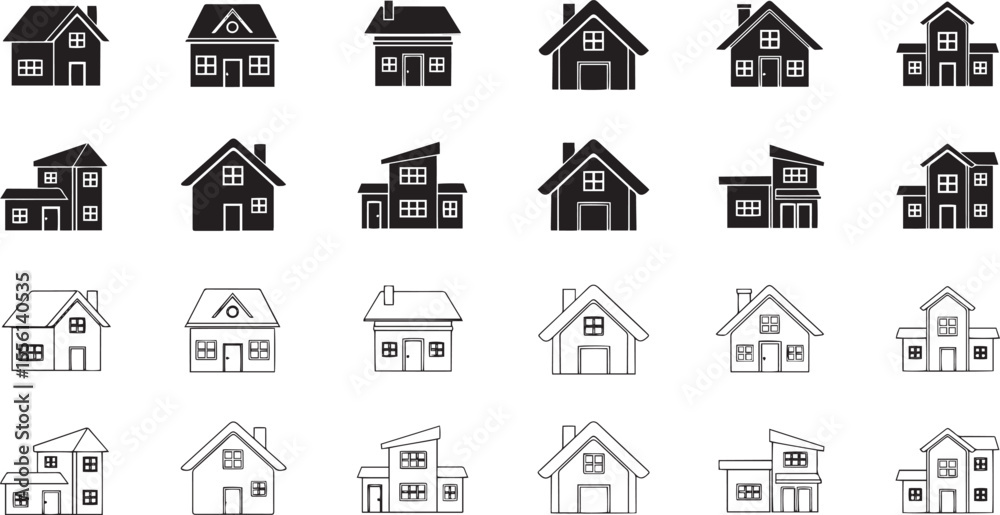 Fototapeta premium Collection of House Icons Black and White Home Silhouettes for Design Projects