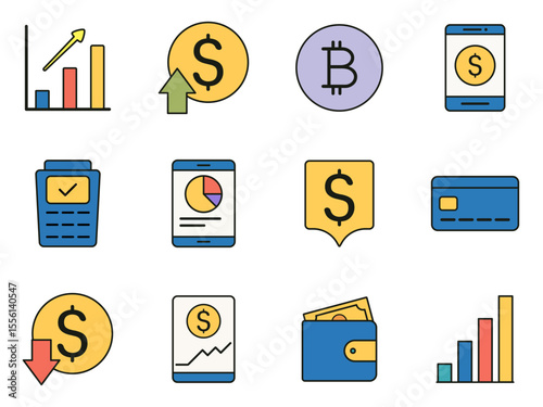 Colorful Hand-Drawn Business and Finance Icons Collection Including Growth Graphs, Bitcoin, Mobile Banking, and Wallet