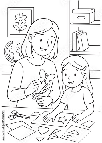 Coloring book page of a mother and child making paper crafts at home.