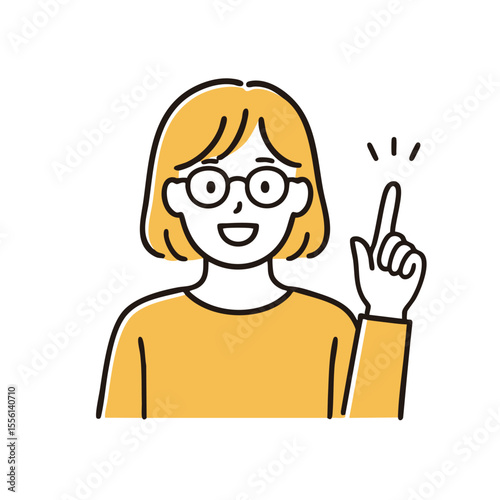 Glasses-wearing woman raising index finger to highlight idea, minimal line art illustration