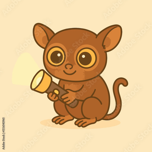 Animated Tarsier Explorer: A curious and cute tarsier, illuminated by a handheld flashlight, embarks on a nighttime adventure, exuding charm and the spirit of exploration.