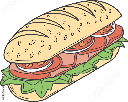 Cartoon sub sandwich with lettuce, tomato, and meat on white background