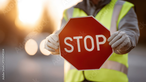 Traffic control worker holding stop sign under sunlight, wearing safety vest and gloves, signaling to stop traffic, ensuring safety on road during daytime
