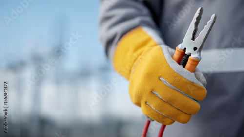 Person wearing yellow insulated gloves holds pair of pliers with orange handles, ready for electrical or mechanical work outdoors on clear day
