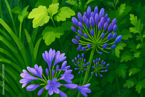 This image features a digital illustration of Agapanthus flowers, also known as African Lily or Lily of the Nile. The flowers are shown in various stages of bloom, with elegant clusters of violet and 