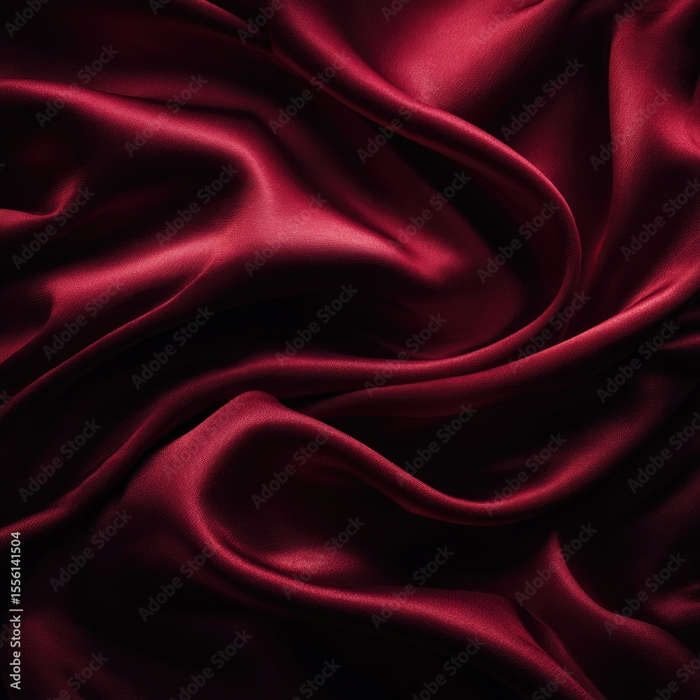 Fototapeta premium Deep crimson silk fabric with dramatic folds and shadows, showcasing luxurious texture and sheen