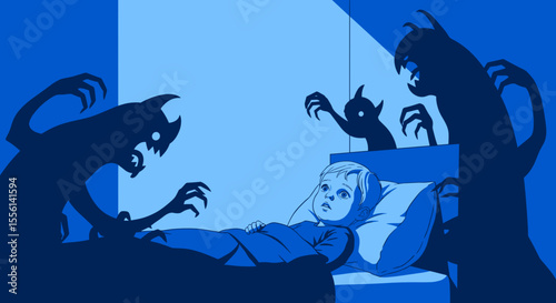 Child in bed experiencing night fears with shadowy monsters looming  