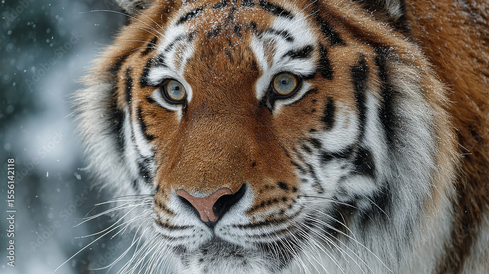 Naklejka premium A close-up portrait of the Siberian tiger (Panthera tigris altaica) highlights its powerful presence and thick fur