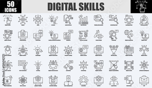 Digital skills outline icon set. Covers digital skills, digital, skills, creative, media literacy, data literacy, finding information, evaluating data and more. Simple vector illustration.