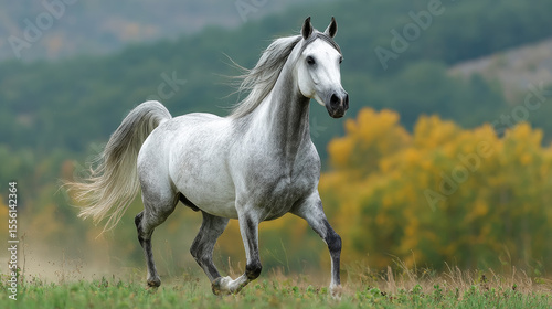 A graceful Arabian horse trots freely across a green pasture