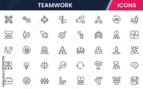 A dynamic Vector illustration web line icon collection for teamwork, featuring modern, minimalist designs ideal for collaborative UI/UX, websites, and apps, ensuring high-quality visuals.