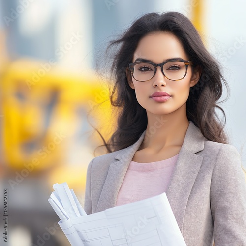 female architect in a sleek blazer, holding blueprints and wearing glasses, standing in front of a construction site with cranes in the background