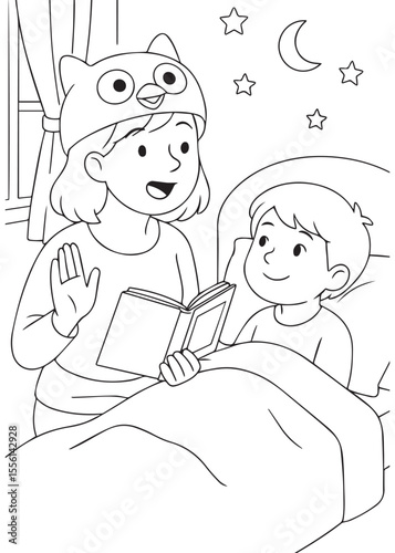 Coloring book page of a mother reading bedtime story to children.